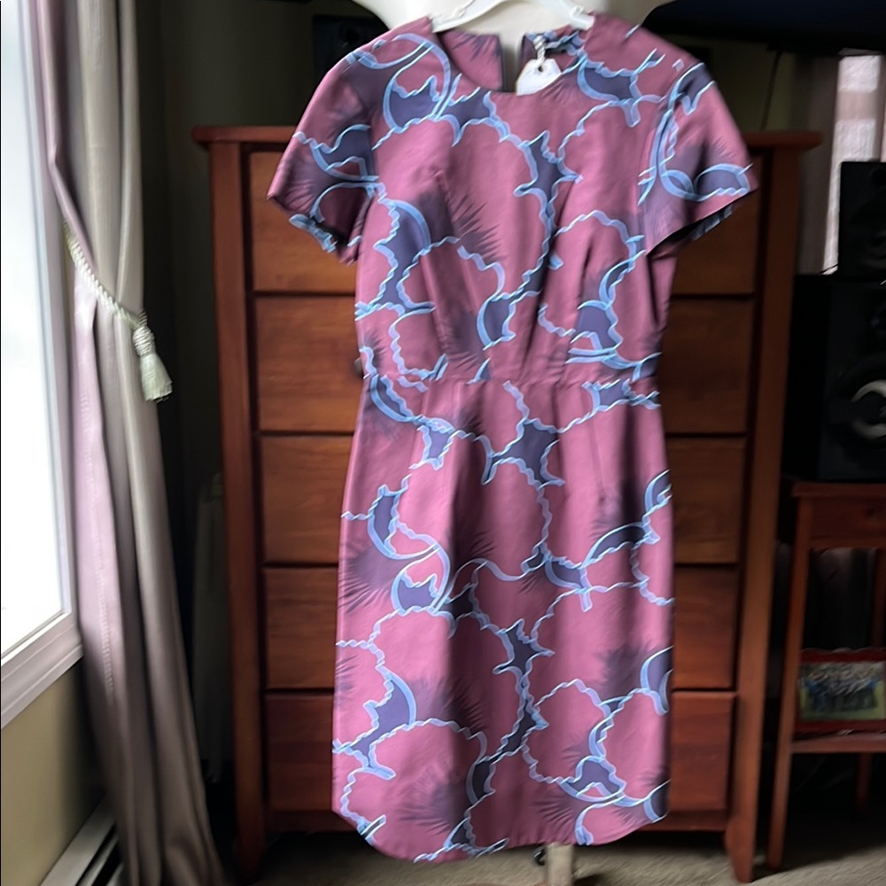 Jil Sander Blue and Purple Sheath Midi Dress with Cap Dolman Sleeves